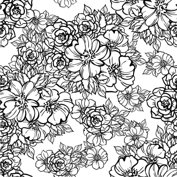 Negro Blanco Patrón Vector Sin Costura Abstracta Con Flores — Vector de stock