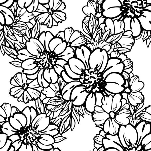 Negro Blanco Patrón Vector Sin Costura Abstracta Con Flores — Archivo Imágenes Vectoriales