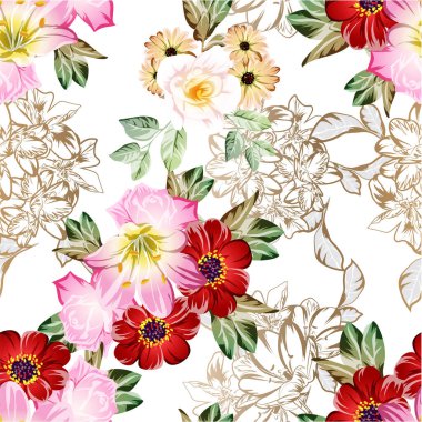 Çiçeklerle soyut, pürüzsüz vektör deseni