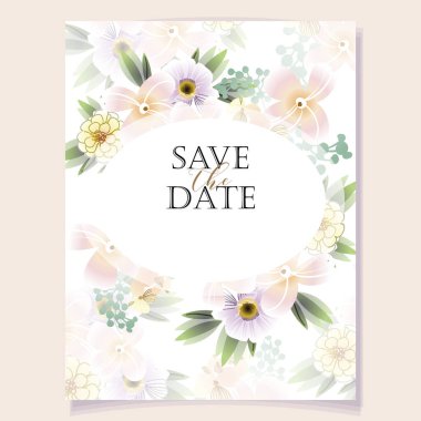 Beyaz arkaplanda güzel yemyeşil pastel çiçekleri olan davetiye kartı şablonu