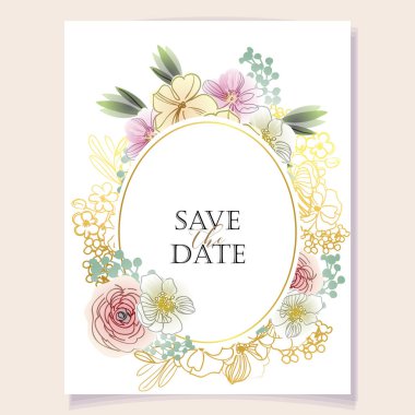 Beyaz arkaplanda güzel yemyeşil pastel çiçekleri olan davetiye kartı şablonu
