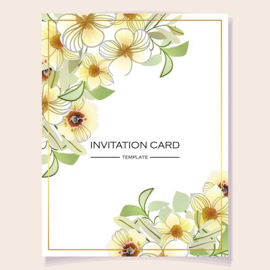 Beyaz arkaplanda güzel yemyeşil pastel çiçekleri olan davetiye kartı şablonu