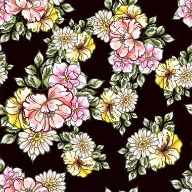 Siyah arka planda güzel, yemyeşil pastel çiçekler. 