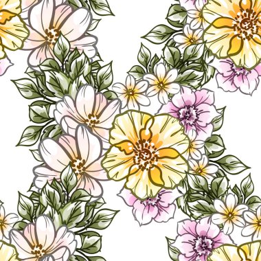 Beyaz arka planda güzel, yemyeşil pastel çiçekler 