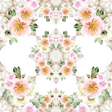 Güzel, yemyeşil pastel çiçekler ve mandala tarzı süsler. 