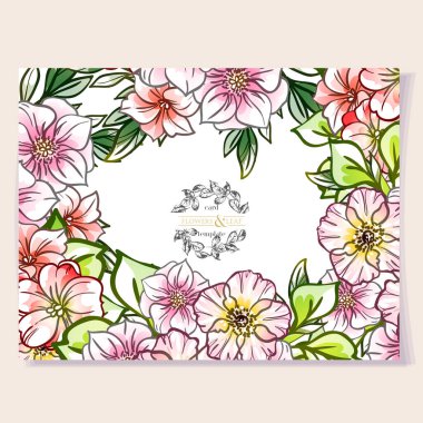 Çiçekli davetiye kartı şablonu, çiçekler ve yaprak