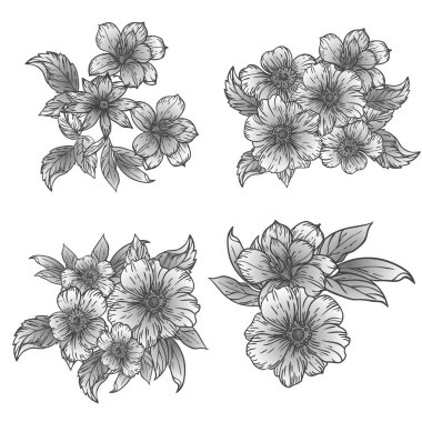 Siyah ve beyaz çiçekli soyut zarafet deseni