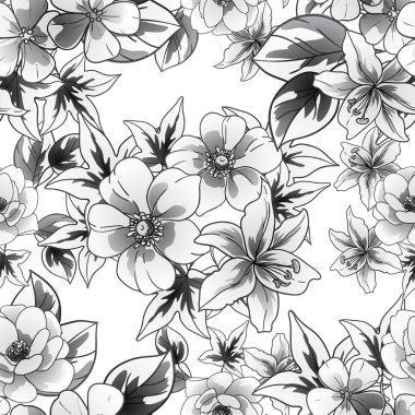 Siyah ve beyaz çiçekli soyut zarafet deseni