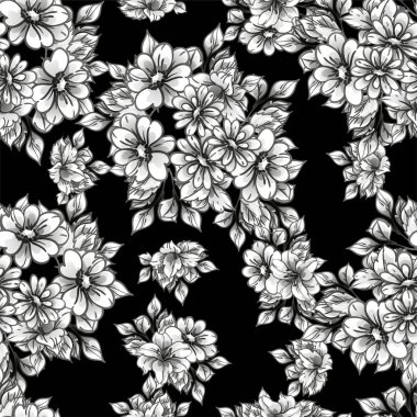 Siyah ve beyaz çiçekli soyut zarafet deseni