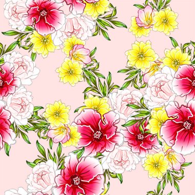 Renkli çiçeklerle kusursuz bir desen. Tekstil ve albüm tasarımı