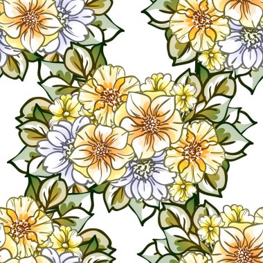 Renkli çiçeklerle kusursuz bir desen. Tekstil ve albüm tasarımı