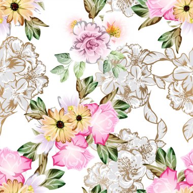 Renkli çiçeklerle kusursuz bir desen. Tekstil ve albüm tasarımı