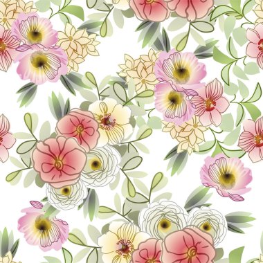Renkli çiçeklerle kusursuz bir desen. Tekstil ve albüm tasarımı