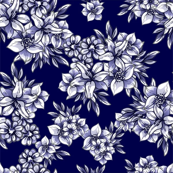 Senza Soluzione Continuità Blu Scuro Modello Fiori Stile Vintage Elementi — Vettoriale Stock