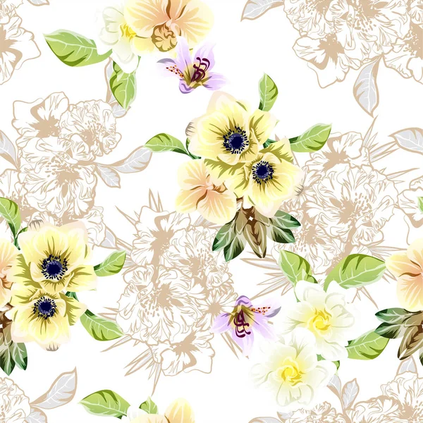 カラフルな花でベクトルシームレスパターン テキスタイルやスクラップブックのデザイン — ストックベクタ