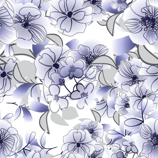Motif Vectoriel Sans Couture Avec Des Fleurs Bleues Noires Blanches — Image vectorielle