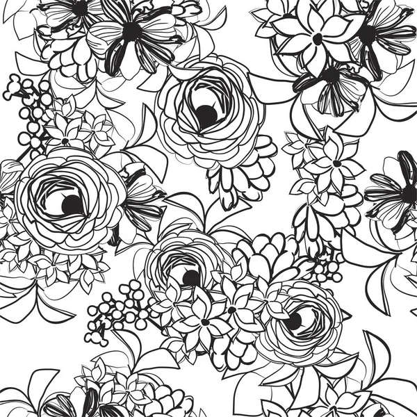 Vektorové Bezešvé Vzor Černými Bílými Květy Design Pro Textil Album — Stockový vektor