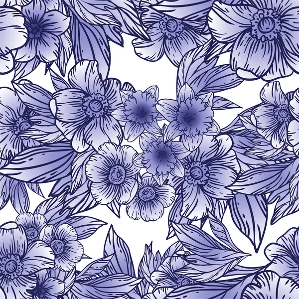 Patrón Sin Costura Vector Con Flores Azules Negras Blancas Diseño — Vector de stock