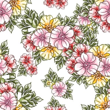 Renkli çiçeklerle kusursuz bir desen. Tekstil ve albüm tasarımı