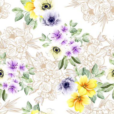 Renkli çiçeklerle kusursuz bir desen. Tekstil ve albüm tasarımı