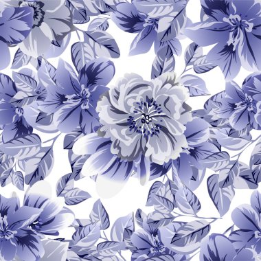 Mavi, siyah ve beyaz çiçekli vektörsüz desen. Tekstil ve albüm tasarımı