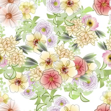 Renkli çiçeklerle kusursuz bir desen. Tekstil ve albüm tasarımı