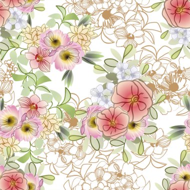 Renkli çiçeklerle kusursuz bir desen. Tekstil ve albüm tasarımı