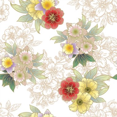 Renkli çiçeklerle kusursuz bir desen. Tekstil ve albüm tasarımı