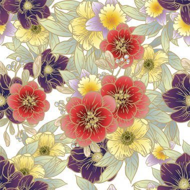 Renkli çiçeklerle kusursuz bir desen. Tekstil ve albüm tasarımı