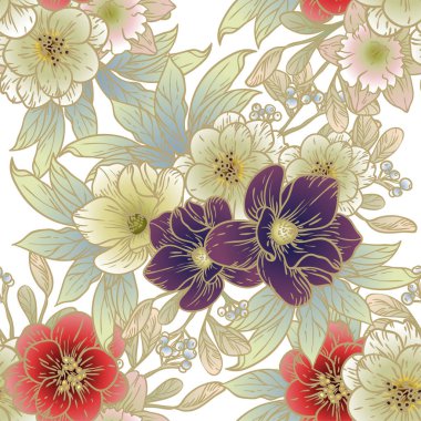 Renkli çiçeklerle kusursuz bir desen. Tekstil ve albüm tasarımı