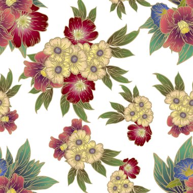 Renkli çiçeklerle kusursuz bir desen. Tekstil ve albüm tasarımı