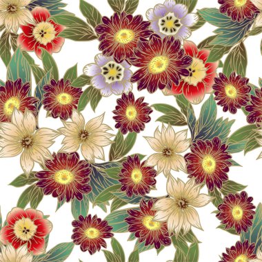 Renkli çiçeklerle kusursuz bir desen. Tekstil ve albüm tasarımı