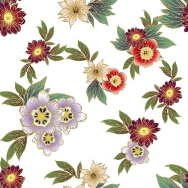 Renkli çiçeklerle kusursuz bir desen. Tekstil ve albüm tasarımı