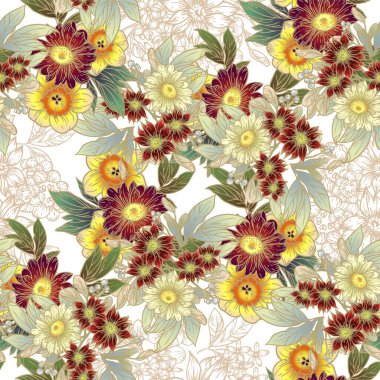 Renkli çiçeklerle kusursuz bir desen. Tekstil ve albüm tasarımı