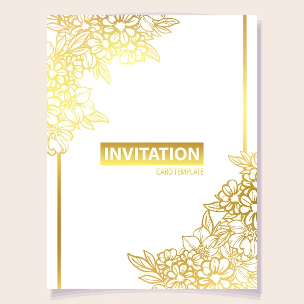 Vektorkartenmuster Mit Goldenen Blüten Und Blättern Design Für Einladungskarte — Stockvektor
