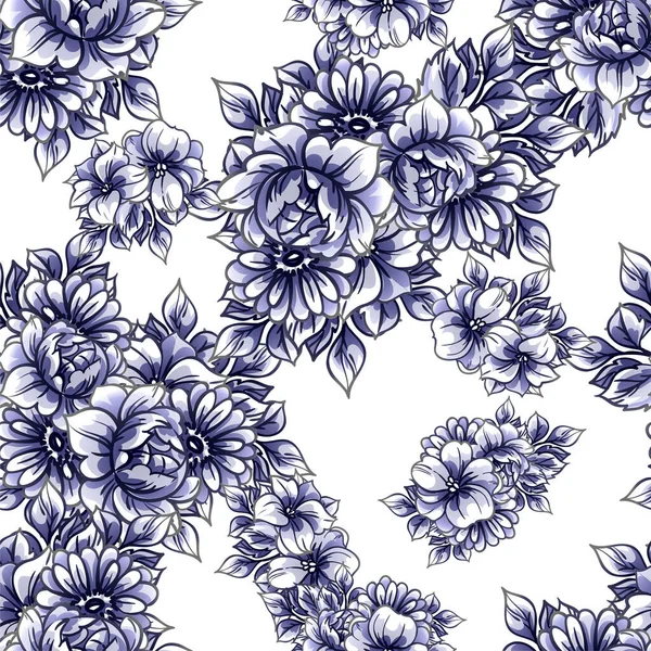 Векторний Безшовний Візерунок Синіми Чорними Білими Квітами Дизайн Текстилю Скрапбуку — стоковий вектор