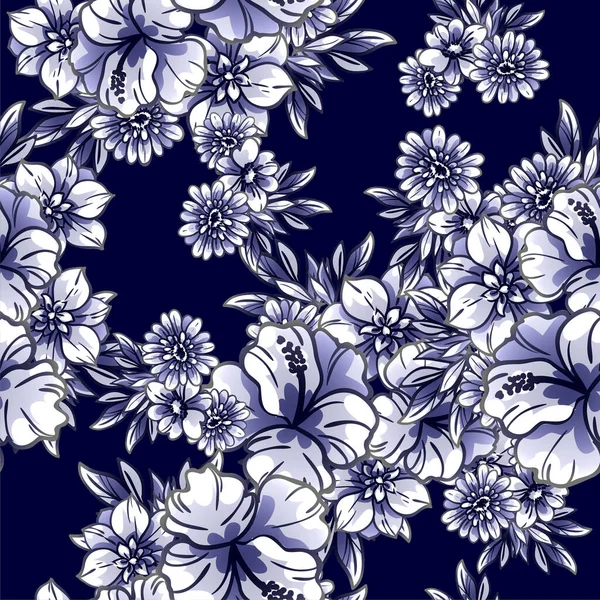 Seamless Dark Blue Vintage Style Flowers Pattern Floral Elements Black — Stock Vector