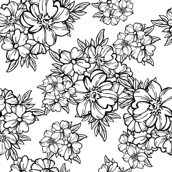 Vector Naadloos Patroon Met Zwart Witte Bloemen Ontwerp Voor Textiel — Stockvector