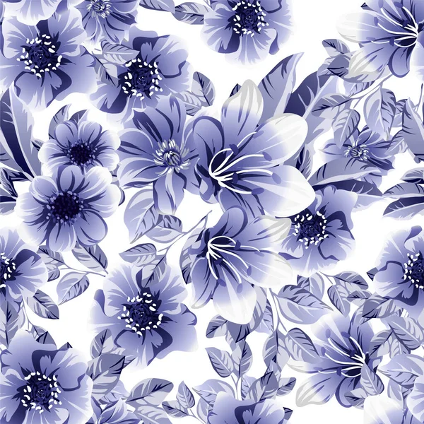 Motif Vectoriel Sans Couture Avec Des Fleurs Bleues Noires Blanches — Image vectorielle