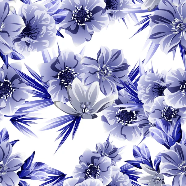 Motif Vectoriel Sans Couture Avec Des Fleurs Bleues Noires Blanches — Image vectorielle