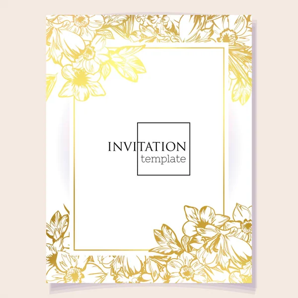 Vector Card Template Pattern Golden Flowers Leaves Design Invitation Card — Stock Vector