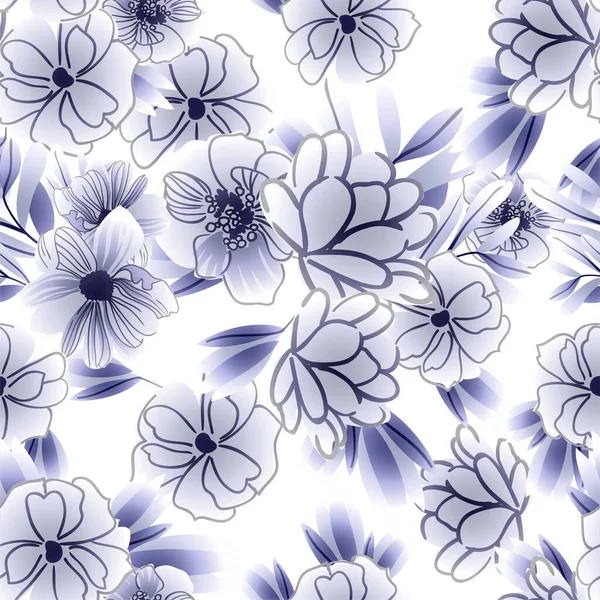 Motif Vectoriel Sans Couture Avec Des Fleurs Bleues Noires Blanches — Image vectorielle