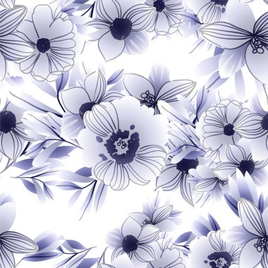 Mavi, siyah ve beyaz çiçekli vektörsüz desen. Tekstil ve albüm tasarımı