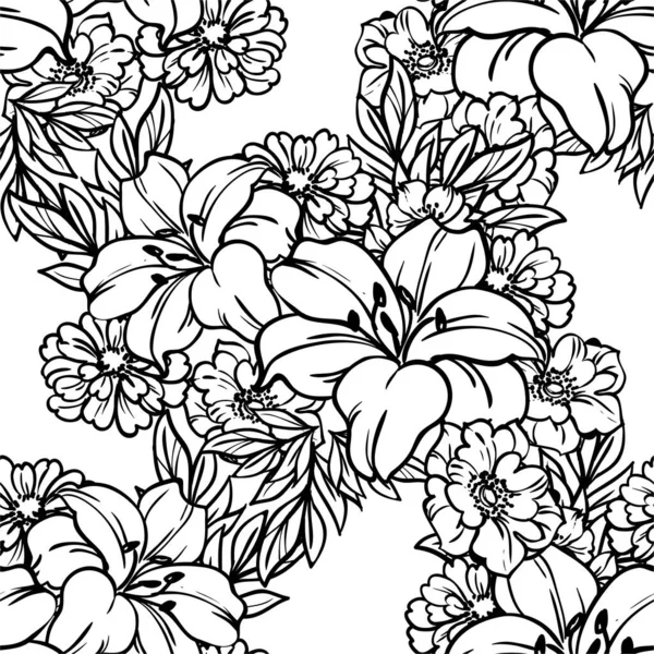 Vector Naadloos Patroon Met Zwart Wit Vintage Bloemen Ontwerp Voor — Stockvector