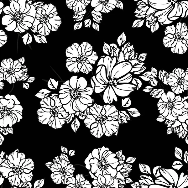 Patrón Inconsútil Vector Con Flores Vintage Blanco Negro Diseño Para — Archivo Imágenes Vectoriales