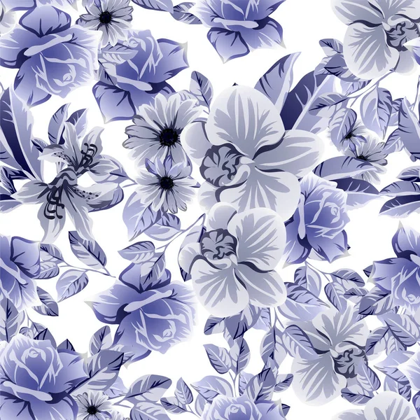 Motif Vectoriel Sans Couture Avec Des Fleurs Bleues Noires Blanches — Image vectorielle