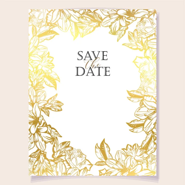 Altın çiçekli ve yapraklı vektör kartı şablonu. davet kartı için tasarım