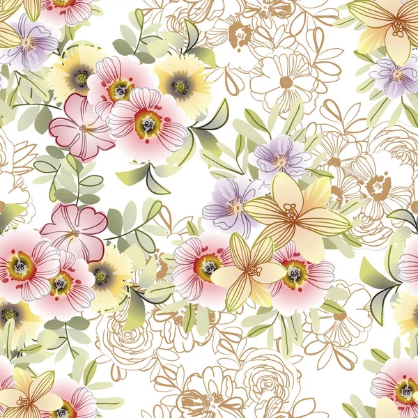 Motif Vectoriel Sans Couture Avec Des Fleurs Colorées Vintage Design — Image vectorielle