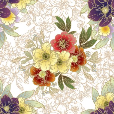 Renkli ve kahverengi doğrusal çiçekli vektörsüz desen. Tekstil ve albüm tasarımı