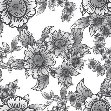 Siyah ve beyaz renkli çiçeklerle kusursuz bir desen. Tekstil ve albüm tasarımı